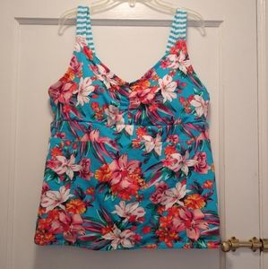 size L 14/16 reversible tankini top tropical floral/aqua stripe Lands' End